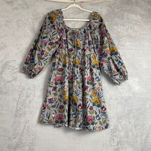 B.Yellowtail Grey Floral Cotton Smocked Mini Dress Long Balloon Sleeve Size L